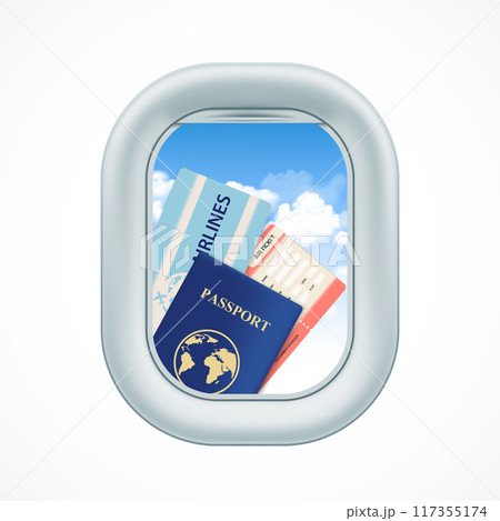 Air ticket with passport in the airplane window porthole 117355174