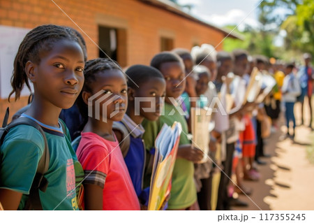 Group of young students standing in queue outside their school, waiting to receive new textbooks 117355245