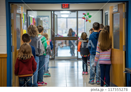 Eager young students line up orderly in a school hallway, awaiting their next activity 117355278