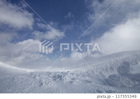 蔵王山地の厳冬期、樹氷に包まれたスノーモンスターと青空の絶景 蔵王山地の厳冬期、樹氷に包まれたスノーモンスターと青空の絶景 117355349