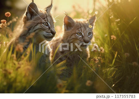 Young lynxes in the grass, generative ai 117355783