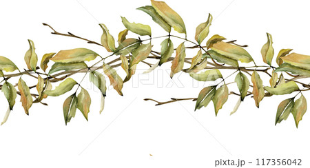 Autumn colorful leaves seamless banner. Fall floral border with branches and leaves for packing, label, logo design. Hand drawn botanical arrangement for textile, thanksgiving invitation design 117356042