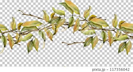 Autumn colorful leaves seamless banner. Fall floral border with branches and leaves for packing, label, logo design. Hand drawn botanical arrangement for textile, thanksgiving invitation design 117356042