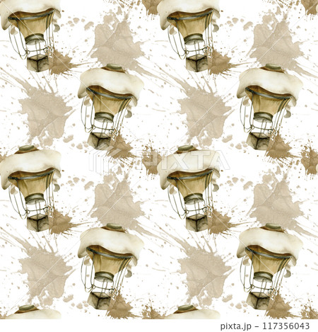 Kid's textile seamless pattern with brown vintage hot air balloon and watercolor splashes. Hand drawn elements for banner, poster, fabric design. Stationery, copybook decor 117356043