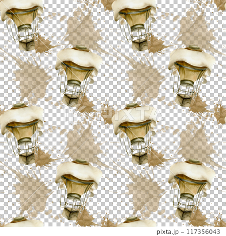 Kid's textile seamless pattern with brown vintage hot air balloon and watercolor splashes. Hand drawn elements for banner, poster, fabric design. Stationery, copybook decor 117356043