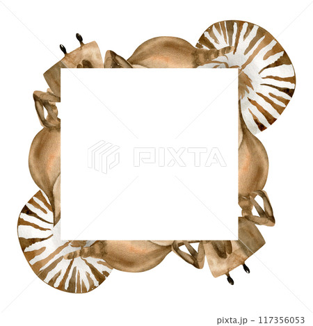 Nautical monochrome sea frame with striped shells and crab in vintage colors illustration. Watercolor hand drawn sea collection. Marine icons for logo, poster, home decor. Ship and boat, travel web Nautical monochrome sea frame with striped shells and crab in vintage colors illustration. Watercolor hand drawn sea collection. Marine icons for logo, poster, home decor. Ship and boat, travel web 117356053