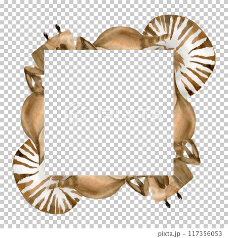 Nautical monochrome sea frame with striped shells and crab in vintage colors illustration. Watercolor hand drawn sea collection. Marine icons for logo, poster, home decor. Ship and boat, travel web Nautical monochrome sea frame with striped shells and crab in vintage colors illustration. Watercolor hand drawn sea collection. Marine icons for logo, poster, home decor. Ship and boat, travel web 117356053