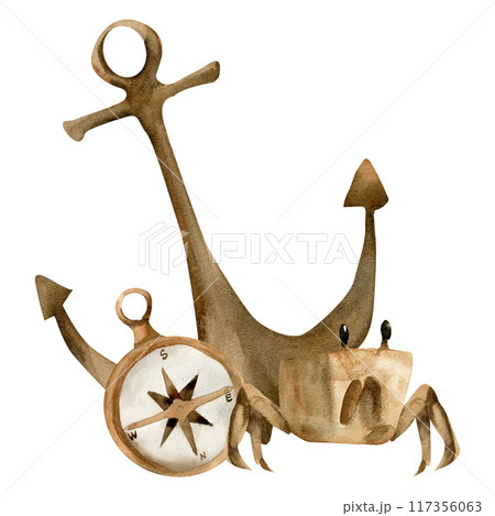 Watercolor nautical composition with steel anchor, vintage compass and crab illustration. Marine clip art with sea creature and navigation elements in monochrome for sea booklet, packing, label 117356063