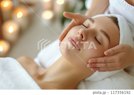 Peaceful woman receives a soothing lymphatic facial massage, surrounded by candles Peaceful woman receives a soothing lymphatic facial massage, surrounded by candles 117356192