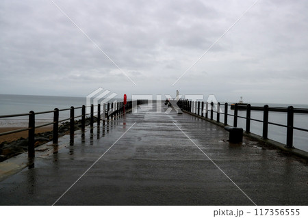 Coastal Jetty at a Harbour Entrance on a Rainy Overcast Summer Morning Coastal Jetty at a Harbour Entrance on a Rainy Overcast Summer Morning 117356555
