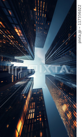 modern big city skyscrapers perspective, contemporary architecture point of view, downtown look up 117356822
