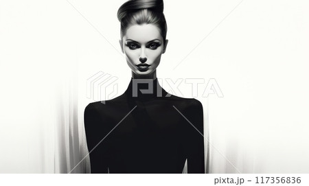 portrait of beautiful fashionable woman, black and white sketch illustration 117356836