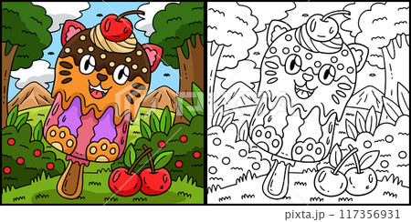 Ice Cream Cat Popsicle Coloring Page Illustration 117356931
