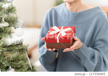 クリスマスプレゼントを持っているシニア女性 クリスマスプレゼントを持っているシニア女性 117356945