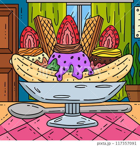 Ice Cream Banana Split Sundae Spoon Colored Ice Cream Banana Split Sundae Spoon Colored 117357091
