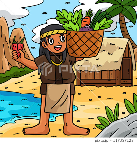 Columbus Day Native Man Basket Harvest Colored  117357128