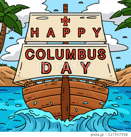 Happy Columbus Day on Ship Colored Cartoon Happy Columbus Day on Ship Colored Cartoon 117357356