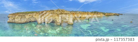 Panoramic drone picture over Praia do Marinha beach in Portuguese Algarve during daytime Panoramic drone picture over Praia do Marinha beach in Portuguese Algarve during daytime 117357383