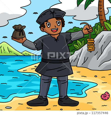 Columbus Day Explorer String Coins Colored Cartoon 117357446