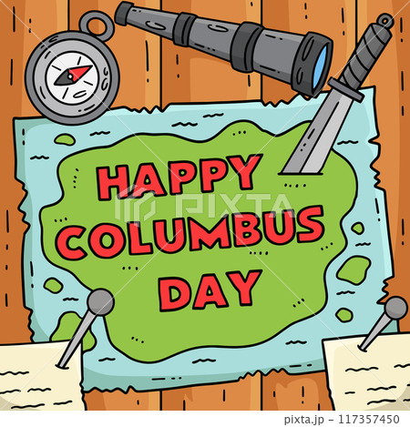 Happy Columbus Day on Map Colored Cartoon Happy Columbus Day on Map Colored Cartoon 117357450