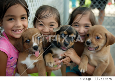 Group of happy kids holding and playing with cute puppies with bright smiles outdoors 117357670