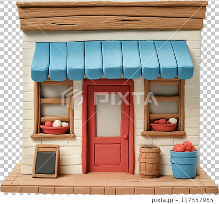 3d cartoon shop building with red pot and pot 117357985