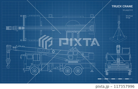 Truck crane outline blueprint. Side, top and front views. Industrial building drawing. Document with loader car in line style. Contour template Truck crane outline blueprint. Side, top and front views. Industrial building drawing. Document with loader car in line style. Contour template 117357996