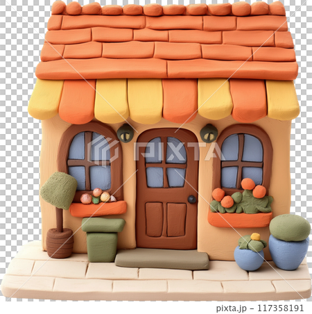 3d cartoon brick wall with wooden house 117358191