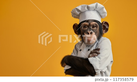 Portrait of an anthropomorphic monkey dressed as a chef, posing with arms crossed. Chef monkey in uniform on yellow background 117358579
