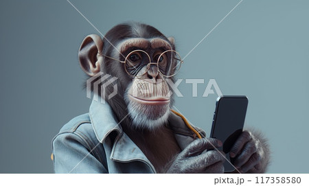 Modern anthropomorphic chimpanzee wearing stylish denim jacket and glasses checking smartphone - a conceptual full-length portrait of a contemporary primate using digital art Modern anthropomorphic chimpanzee wearing stylish denim jacket and glasses checking smartphone - a conceptual full-length portrait of a contemporary primate using digital art 117358580