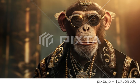 A majestic and regal full-length portrait of an anthropomorphic monkey dressed up in elegant attire. Exuding a royal and kingly demeanor 117358636