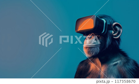 Portrait of a stylized monkey wearing VR headset against a blue background. Anthropomorphic monkey experiencing virtual reality 117358670