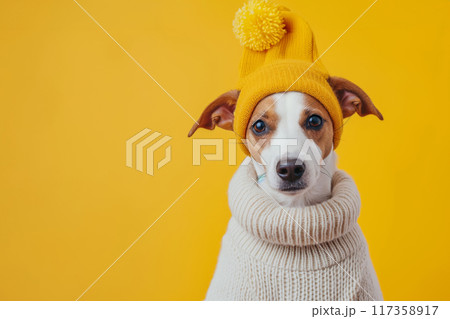 Portrait of a cute anthropomorphic dog dressed in a cozy sweater and beanie 117358917