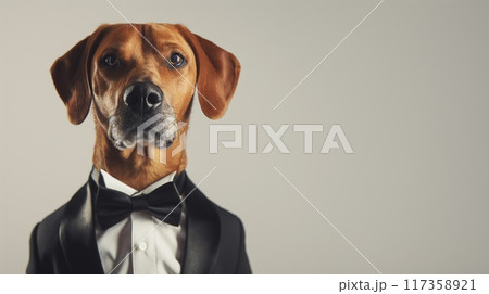 An anthropomorphic dog in a stylish. Elegant. And unique tuxedo costume. Wearing a quirky and humorous full-length formal wear with a bow tie 117358921