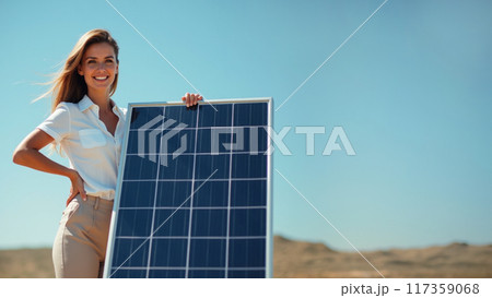 Woman Displaying Large Solar Panel Outdoors Woman Displaying Large Solar Panel Outdoors 117359068
