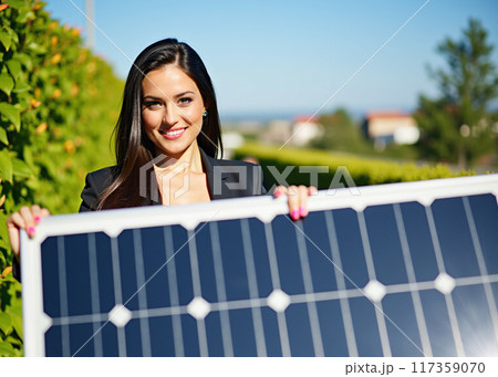 Businesswoman Holding Solar Panel Outdoors Businesswoman Holding Solar Panel Outdoors 117359070