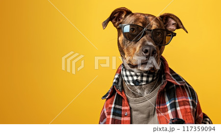 Photorealistic image of a dog with human-like features dressed in trendy casual clothes against a yellow background Photorealistic image of a dog with human-like features dressed in trendy casual clothes against a yellow background 117359094