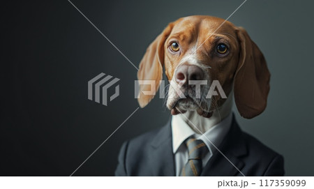 Professional and sophisticated corporate canine portrait featuring an anthropomorphic dog in business attire, wearing a suit and tie, exuding professionalism and seriousness 117359099