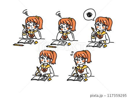 シンプルなタッチの女子学生2（勉学の悩み）/単色	 117359295