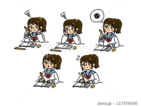 シンプルなタッチの女子学生2（勉学の悩み）/カラー 117359300