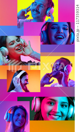 Collage. Young positive people, men and women listening to music in headphones against multicolored background in neon light Collage. Young positive people, men and women listening to music in headphones against multicolored background in neon light 117359314