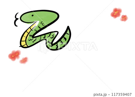 筆書き　かわいい蛇の年賀状イラスト　令和七年　2025 梅 117359407
