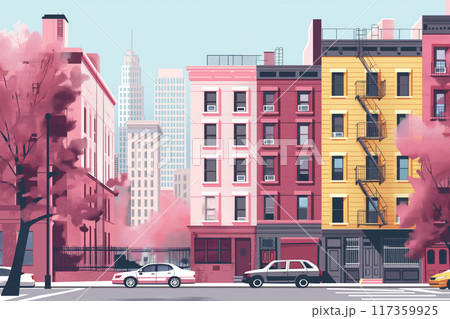 Serene and peaceful pastel downtown cityscape illustration with minimalist design and colorful buildings Serene and peaceful pastel downtown cityscape illustration with minimalist design and colorful buildings 117359925