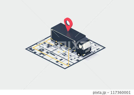 Isometric illustration of a black delivery truck on a minimalist city grid with a destination marker 117360001