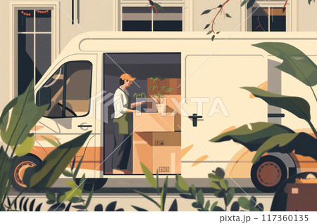 Stylized illustration featuring a courier with a package at a delivery van, surrounded by lush foliage 117360135