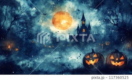 満月が照らすハロウィンの夜、ゴシック城とジャックオーランタン
