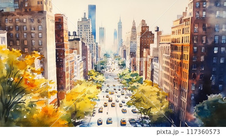 水彩が描く都会の並木道：鮮やかな秋の街並みとタクシーの流れ 117360573