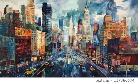 水彩が描く都会の夜景：彩り豊かな摩天楼と車の流れのイラスト素材