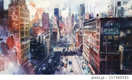 水彩が描く都会の活気：色彩豊かな街並みと交差する通りのイラスト素材