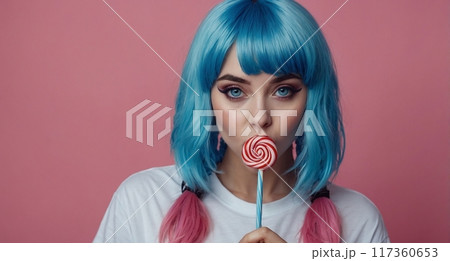 a girl with blue hair licks a lollipop. pink background. art photo 117360653